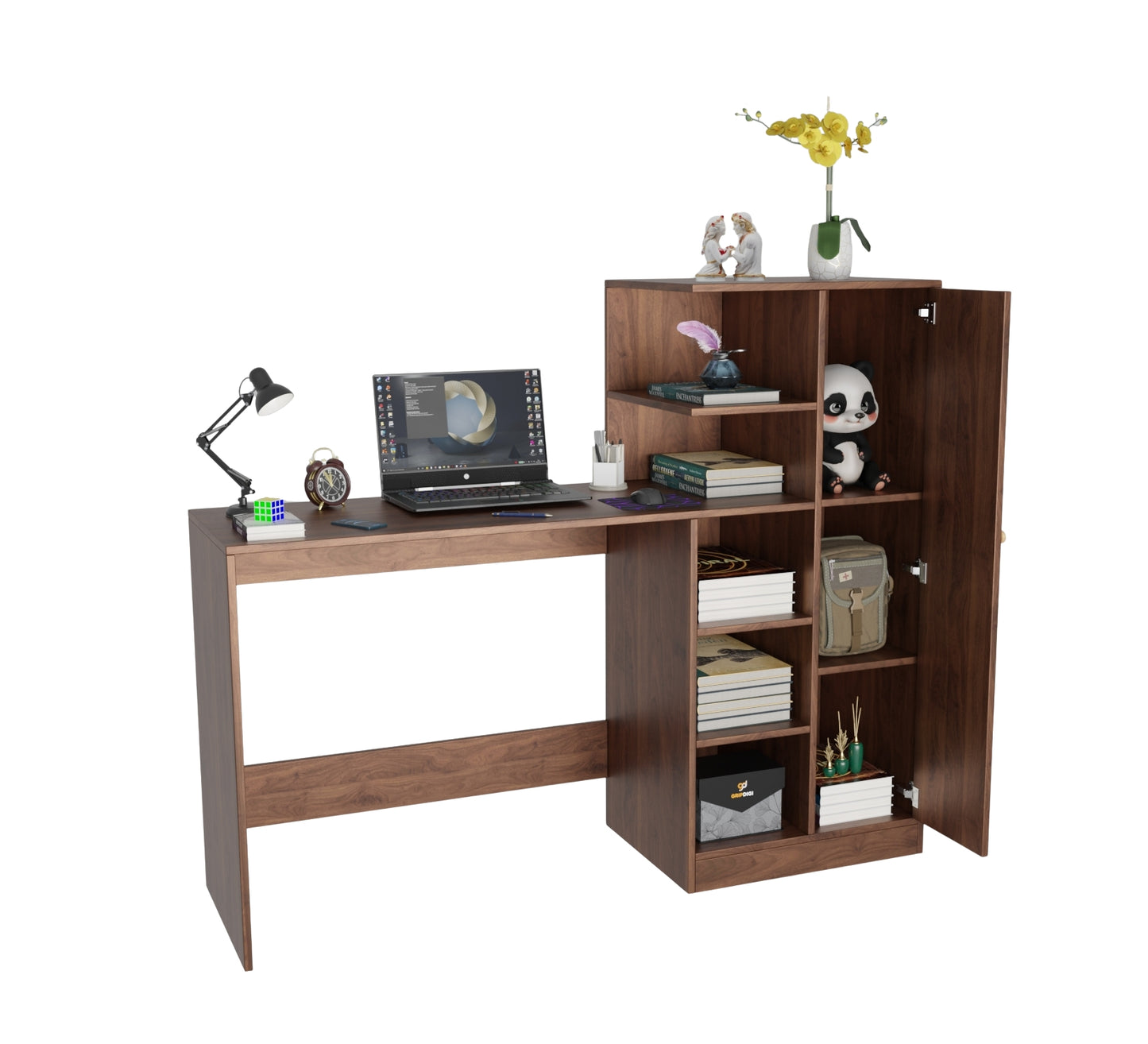 Spydercraft Columbian Walnut Engineered Wood Dyna Study Table with Storage Shelves – Modern Multipurpose Desk with Compact Design