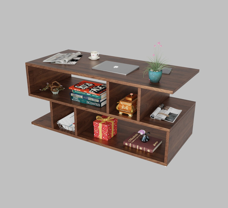 Spydercraft Zig Zag Bedside Table in Columbian Walnut Finish | Modern Wooden Nightstand with Open Shelves | Engineered Wood Side Table