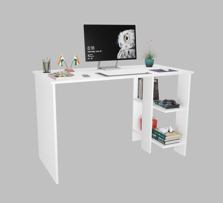 Spydercraft Modern Study Table with Storage Shelves in White Finish | Minimalist Computer Desk for Home & Office