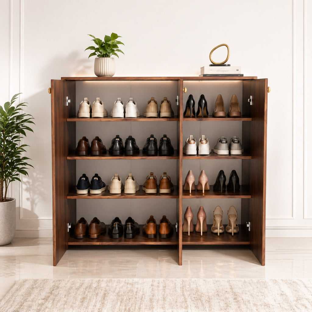 Apex 3 Door Shoe Rack Cabinet with Spacious Storage | Modern Wooden Footwear Organizer for Home & Entryway | Columbian Walnut Finish