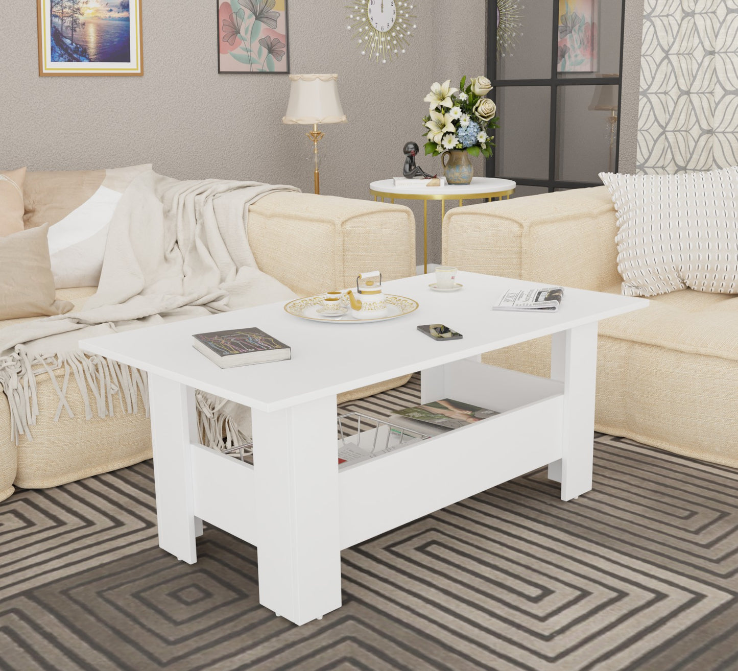 Spyder Craft Gabrial Modern Wooden Coffee Table with Storage| Coffee Table for Living Room Engineered Wood Coffee Table (Modern, White)