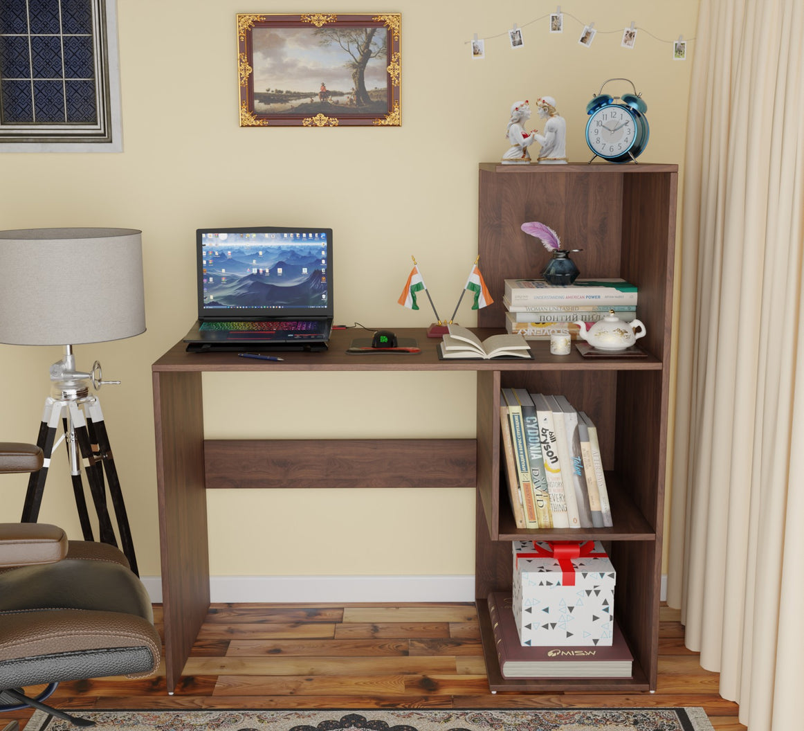 Spydercraft Tulip Study Table | Modern Study & Office Desk with Open Storage Shelves | Engineered Wood Writing Table | Columbian Walnut Finish