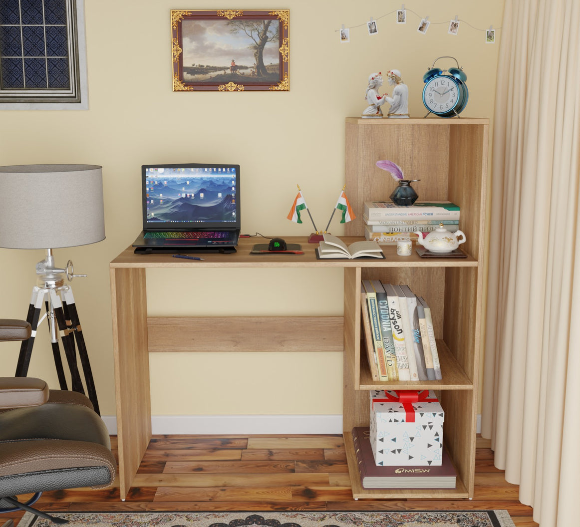 Spydercraft Tulip Study Table | Modern Study & Office Desk with Open Storage Shelves | Engineered Wood Writing Table for Home & Office | Canyon Oak Finish