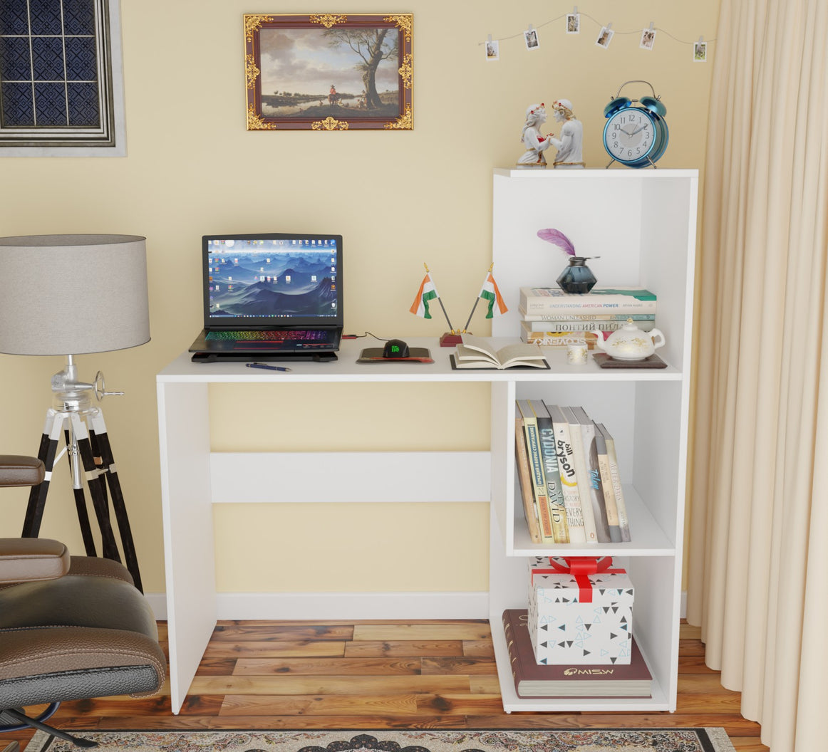 Spydercraft Tulip Study Table | Modern Study & Office Desk with Open Storage | Engineered Wood Writing Table | White Finish