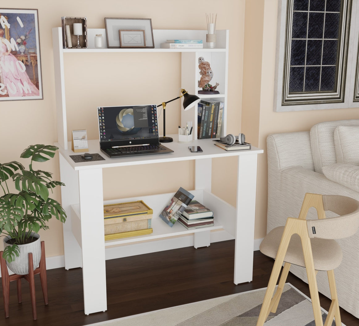 SPYDER CRAFT Modern Engineered Wood Study Table with Bookshelf & Storage Shelves in White | Computer Desk for Home & Office