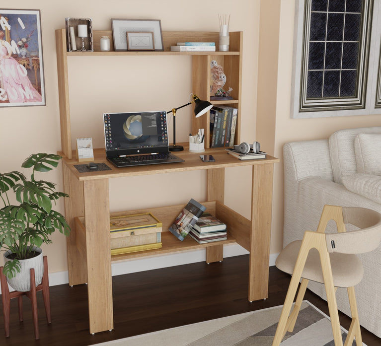 SPYDER CRAFT Modern Engineered Wood Study Table with Bookshelf & Storage Shelves in Canyon Oak | Computer Desk for Home & Office