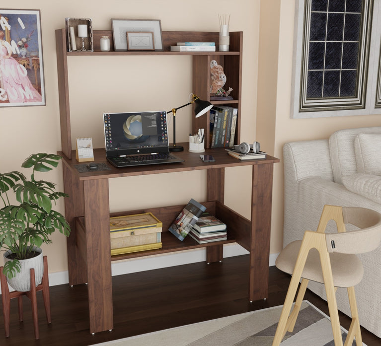 SPYDER CRAFT Modern Engineered Wood Study Table with Bookshelf & Storage Shelves in Columbian Walnut | Computer Desk for Home & Office