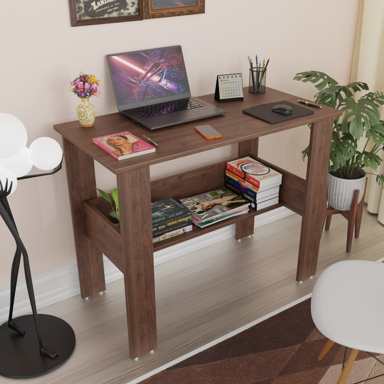 SPYDER CRAFT Genesis Engineered Wood Study Table with Storage Shelf in Columbian Walnut Finish | Modern Computer Desk for Home & Office