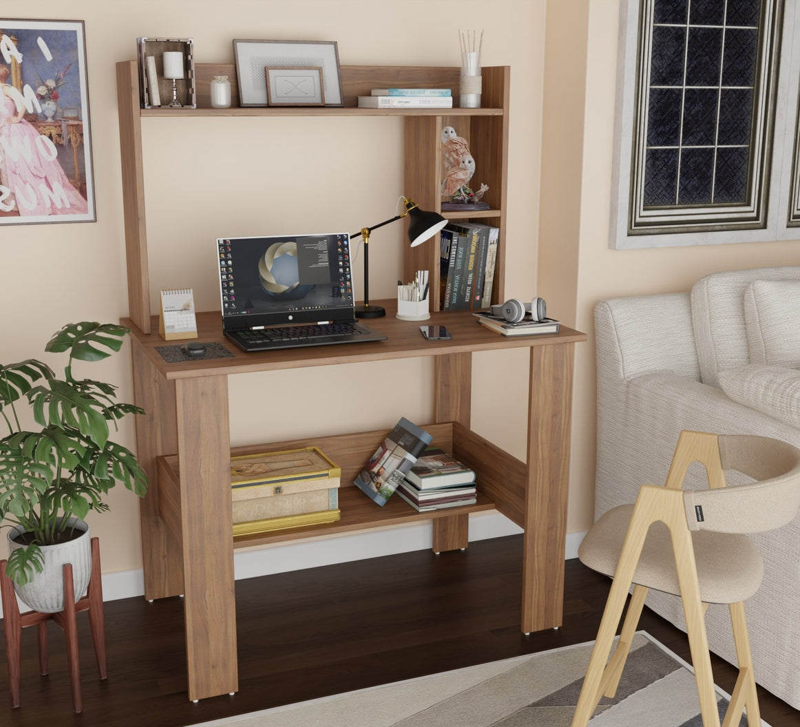 SPYDER CRAFT Modern Engineered Wood Study Table with Bookshelf & Storage Shelves in Noce Lyon | Computer Desk for Home & Office
