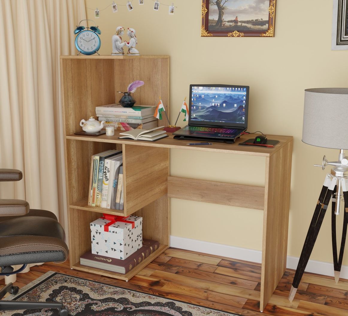 Spydercraft Tulip Study Table | Modern Study & Office Desk with Open Storage Shelves | Engineered Wood Writing Table for Home & Office | Canyon Oak Finish