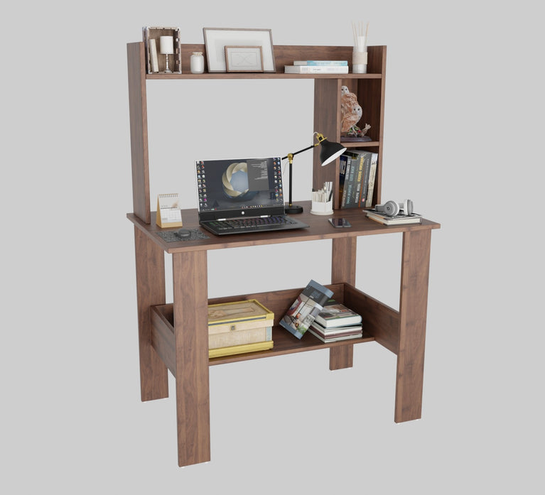 SPYDER CRAFT Modern Engineered Wood Study Table with Bookshelf & Storage Shelves in Columbian Walnut | Computer Desk for Home & Office