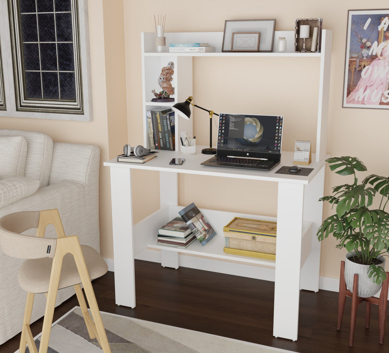 SPYDER CRAFT Modern Engineered Wood Study Table with Bookshelf & Storage Shelves in White | Computer Desk for Home & Office