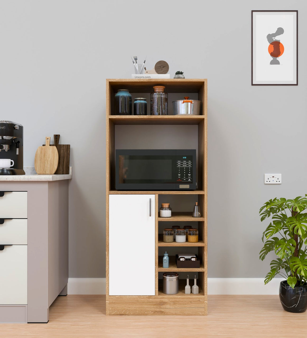 Spyder Craft Elena Dual Tone Kitchen Cabinet - Easy Assembly for Home Living Room, Office, Kitchen (Color: White and Canyon Oak, Length= 60cm, Breadth= 45cm, Height= 140cm