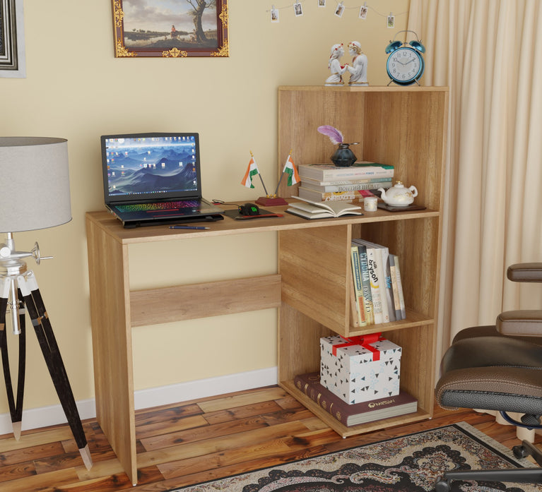 Spydercraft Tulip Study Table | Modern Study & Office Desk with Open Storage Shelves | Engineered Wood Writing Table for Home & Office | Canyon Oak Finish