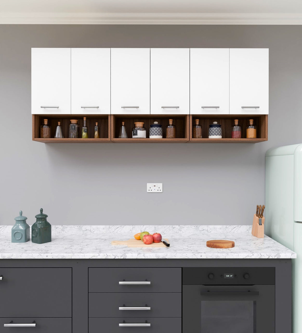 Spydercraft Cleffa Matte Finish Six Door Wall Mounted Kitchen Cabinet| Color: White and Noce Lyon|