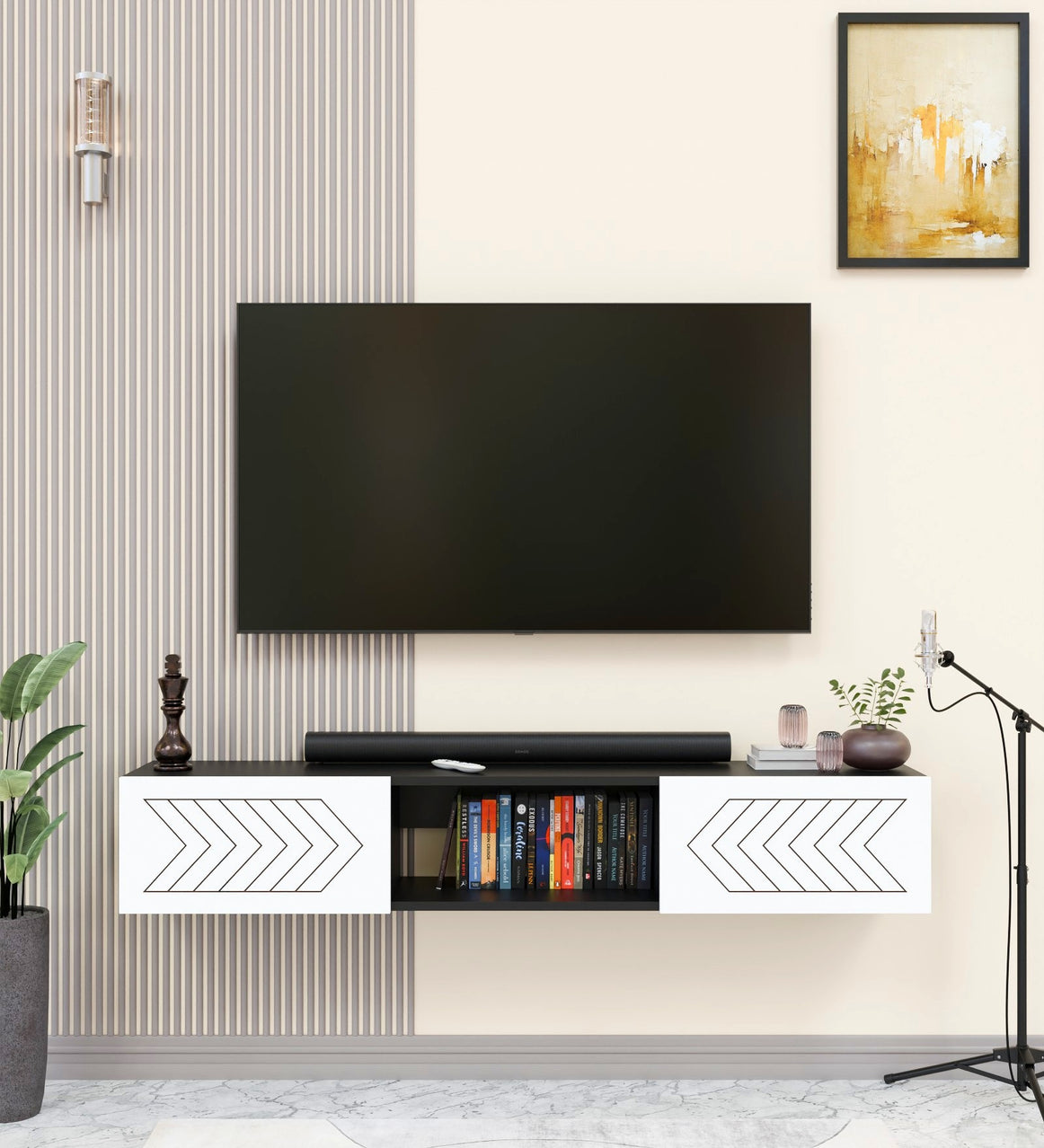 Spydercraft Matte Finish Indira Floating TV Unit| Color: Black and White| Do- It- Yourself Product