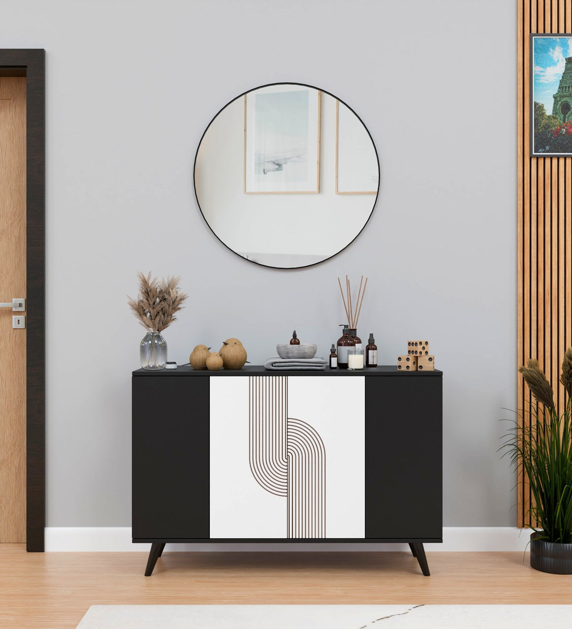 Spyder Craft Marcos Multi Purpose Five Door Buffet Console Cabinet, Geometric TV Stand with Open Shelves : Show Off Your Decor & Keep Your Electronics Organized, Easy to Assemble, 1 Year Warranty