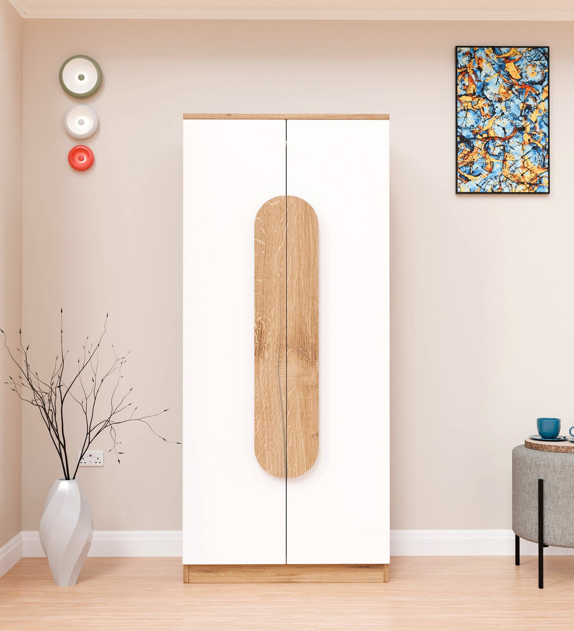 Spydercraft Matte Finish Novaarc Modern 2-Door Wardrobe with Oval Canyon Oak and White Handle | Canyon Oak and White Finish | Engineered Wood | Do-It-Yourself Product