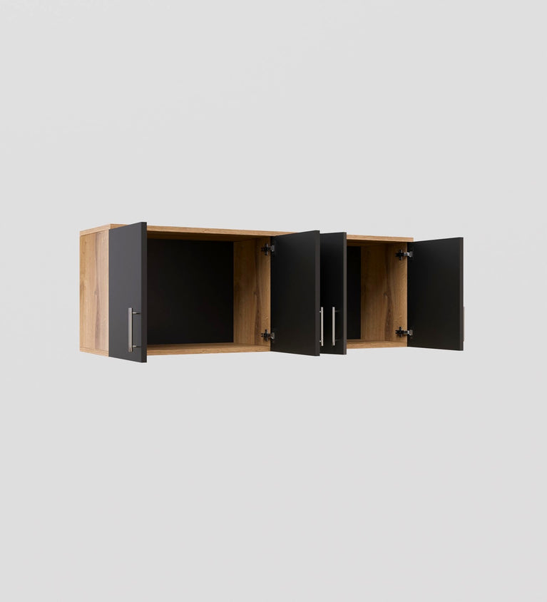 Spydercraft Wall Mounted Kitchen Cabinet – 4 Door Storage Unit (120 x 41 x 36 cm) | Canyon Oak & Black Finish| Do- It-Yourself Product