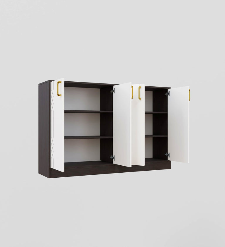 Spydercraft Embellix Multipurpose Storage Cabinet – 4 Door Organizer Unit (139 x 90 x 35 cm) | Wenge Brown & White with Gold Handles & Geometric Detailing
