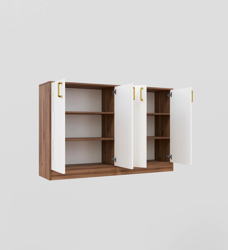 Spydercraft Embellix Multipurpose Storage Cabinet – 4 Door Organizer Unit (139 x 90 x 35 cm) | Noce Lyon & White with Gold Handles & Geometric Detailing