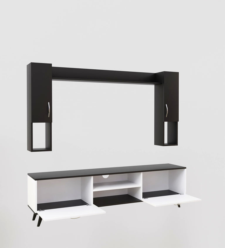 Spyder Home Decore Craft Matte Finish M5 Tv Unit with Wall Shelf, Wall Mounted with Shelf Modern Leg, 180 Cm Color: White and black|| Assembly -DIY (Do-It-Yourself)