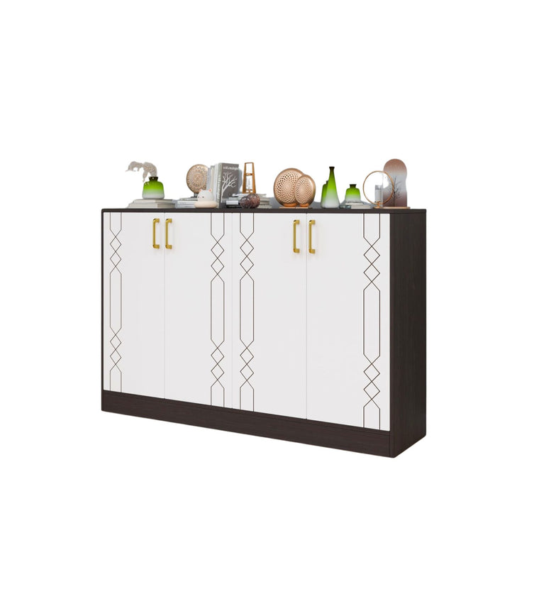 Spydercraft Embellix Multipurpose Storage Cabinet – 4 Door Organizer Unit (139 x 90 x 35 cm) | Wenge Brown & White with Gold Handles & Geometric Detailing