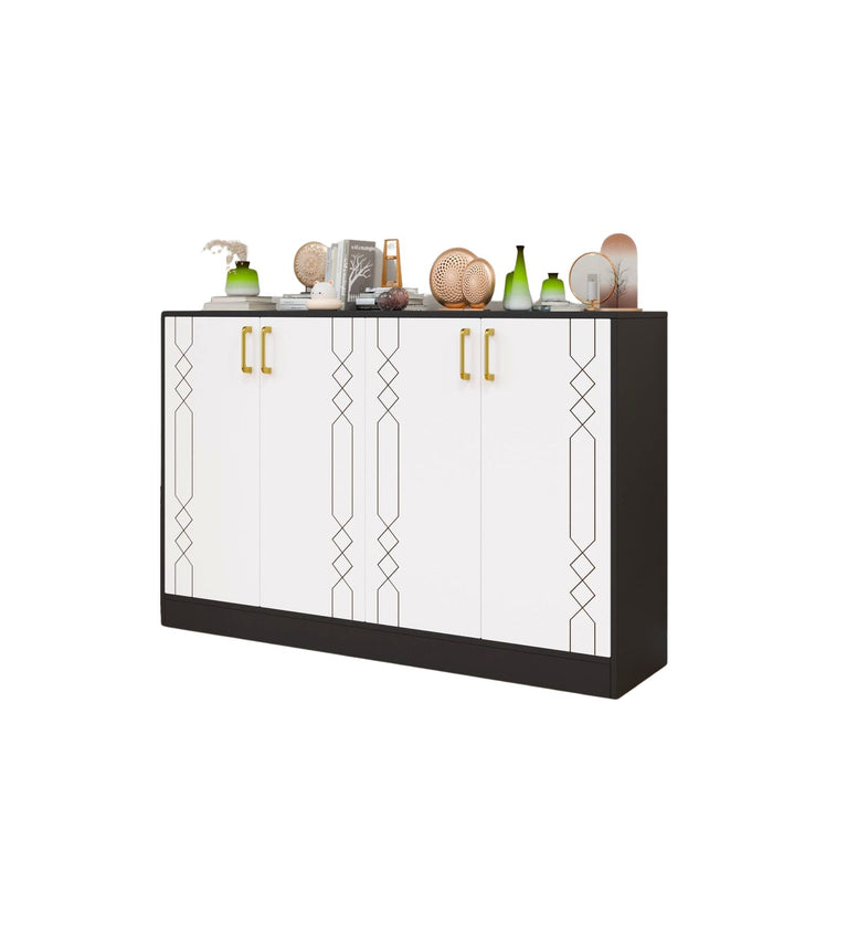 Spydercraft Embellix Multipurpose Storage Cabinet – 4 Door Organizer Unit (139 x 90 x 35 cm) | Black & White with Gold Handles & Geometric Detailing