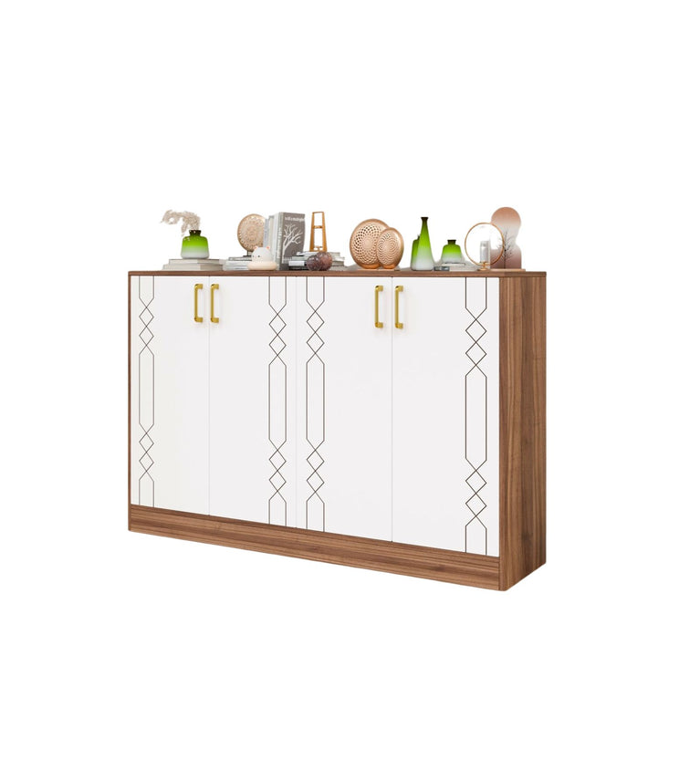 Spydercraft Embellix Multipurpose Storage Cabinet – 4 Door Organizer Unit (139 x 90 x 35 cm) | Noce Lyon & White with Gold Handles & Geometric Detailing