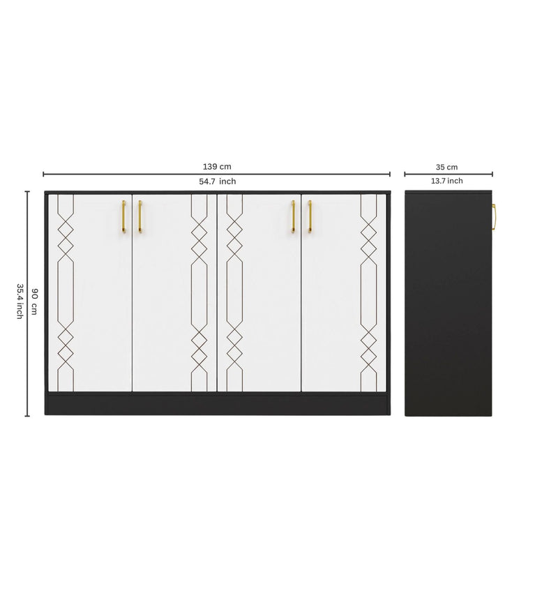 Spydercraft Embellix Multipurpose Storage Cabinet – 4 Door Organizer Unit (139 x 90 x 35 cm) | Black & White with Gold Handles & Geometric Detailing