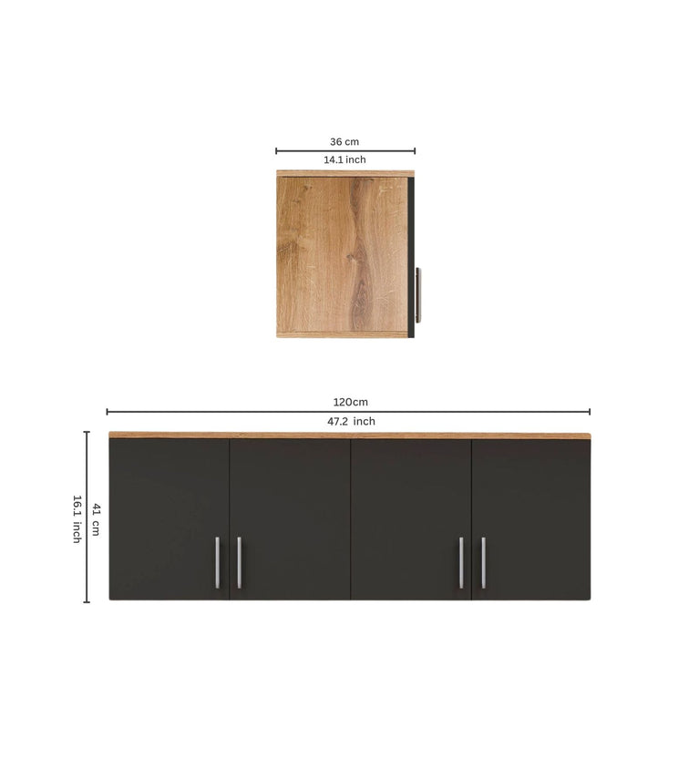 Spydercraft Wall Mounted Kitchen Cabinet – 4 Door Storage Unit (120 x 41 x 36 cm) | Canyon Oak & Black Finish| Do- It-Yourself Product
