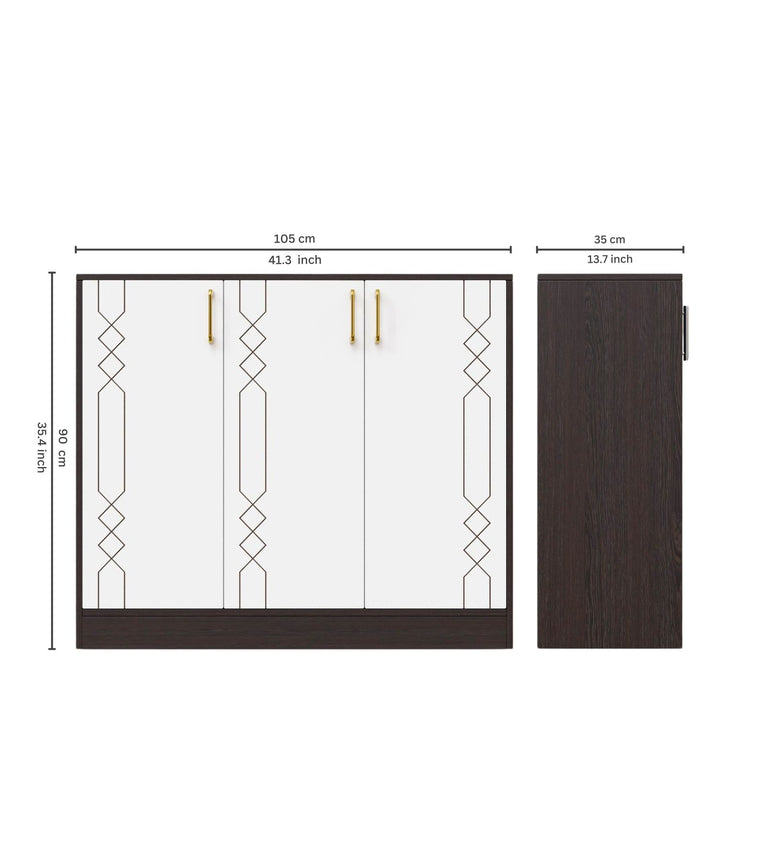 Spydercraft Lupin Multipurpose Cabinet – 3-Door Storage Unit (105 x 90 x 35 cm) | White & Wenge Brown Finish with Geometric Design