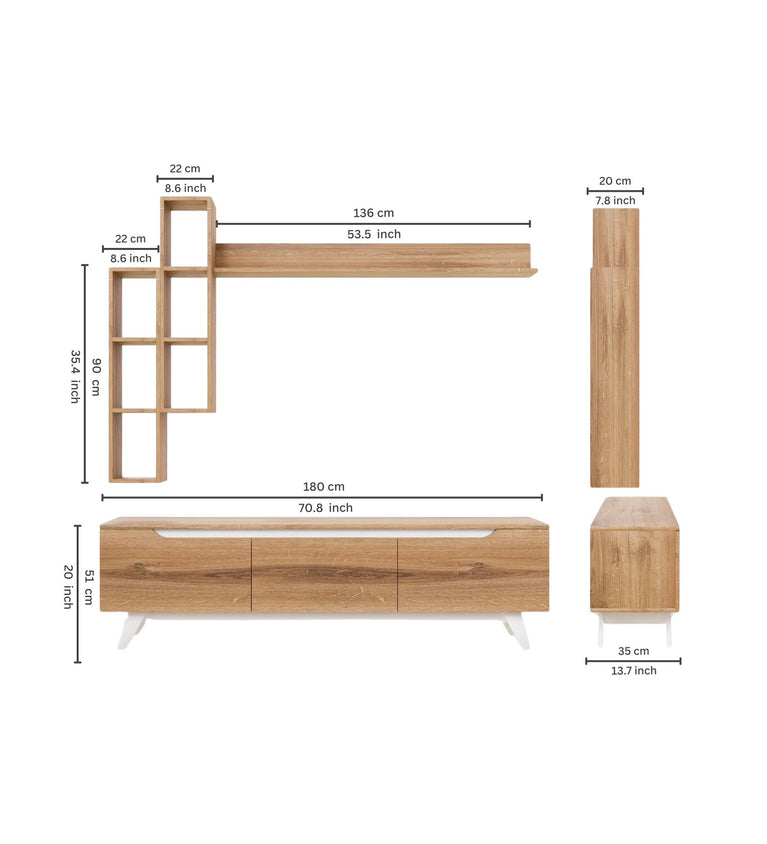 Spydercraft D3 Modern TV Unit with Wall Shelves – Entertainment Console Set (180 x 51 x 35 cm) | Canyon Oak & White Finish | Engineered Wood| Do-It-Yourself Product