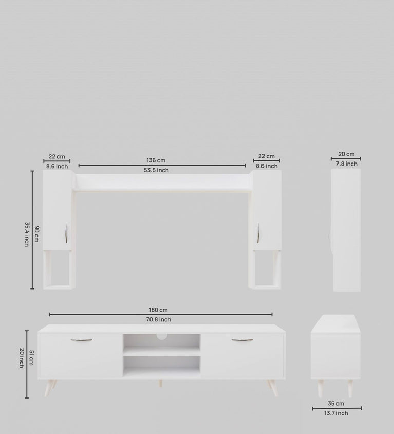 Spyder Home Decore Craft Matte Finish M5 Tv Unit with Wall Shelf, Wall Mounted with Shelf Modern Leg, 180 Cm Color:White || Assembly -DIY (Do-It-Yourself)