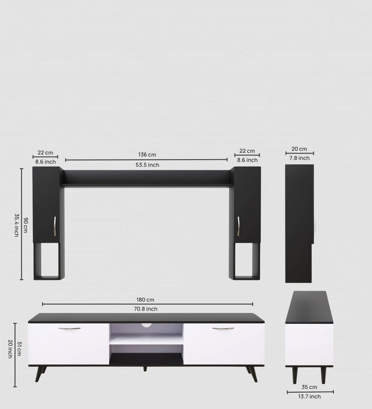 Spyder Home Decore Craft Matte Finish M5 Tv Unit with Wall Shelf, Wall Mounted with Shelf Modern Leg, 180 Cm Color: White and black|| Assembly -DIY (Do-It-Yourself)