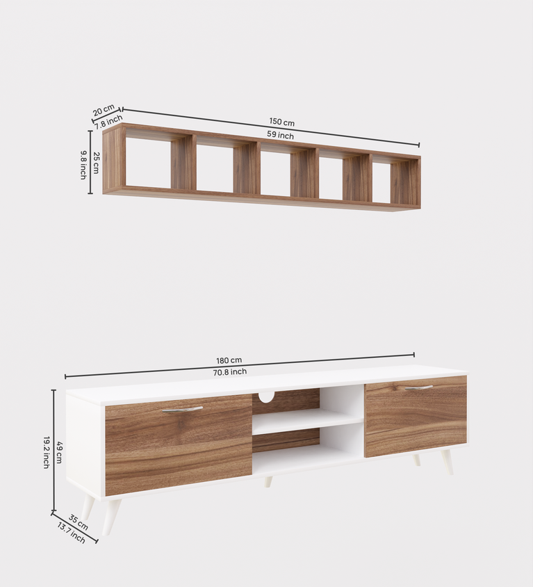 SPYDER CRAFT Sapphire Engineered Wood TV Entertainment Unit Stand Setup Box/TV Cabinet with Wall Mounted Cabinet for Books & Decor Display Unit-White and Noce Lyon (Assembly-DIY)