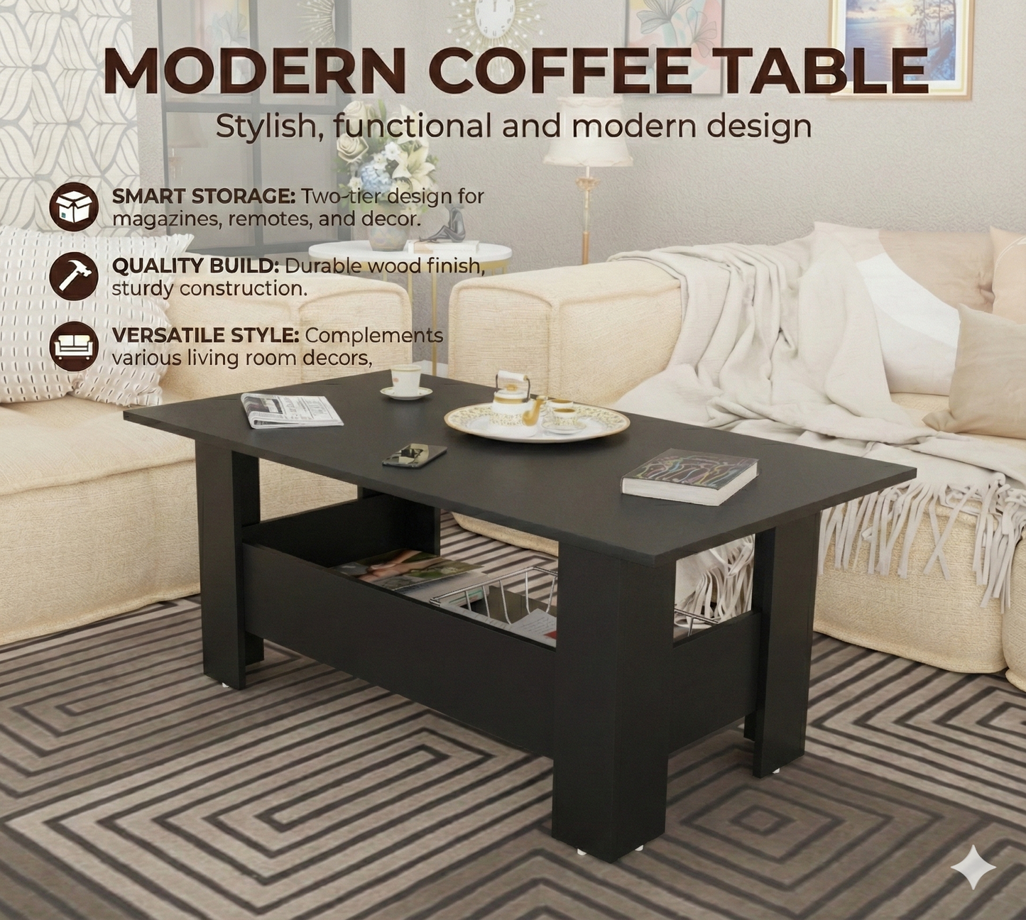 Spyder Craft Gabrial Modern Wooden Coffee Table with Storage| Coffee Table for Living Room Engineered Wood Coffee Table (Modern,Black)