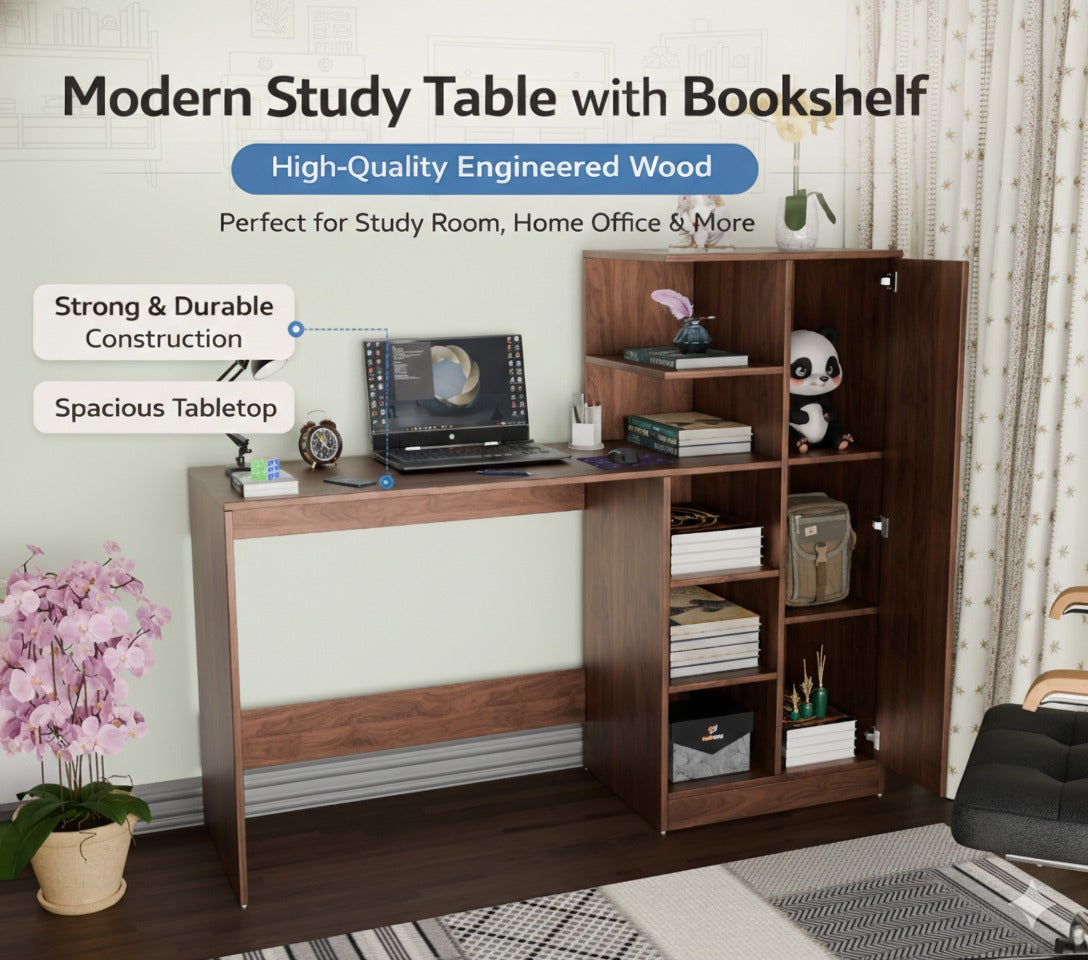 Spydercraft Columbian Walnut Engineered Wood Dyna Study Table with Storage Shelves – Modern Multipurpose Desk with Compact Design