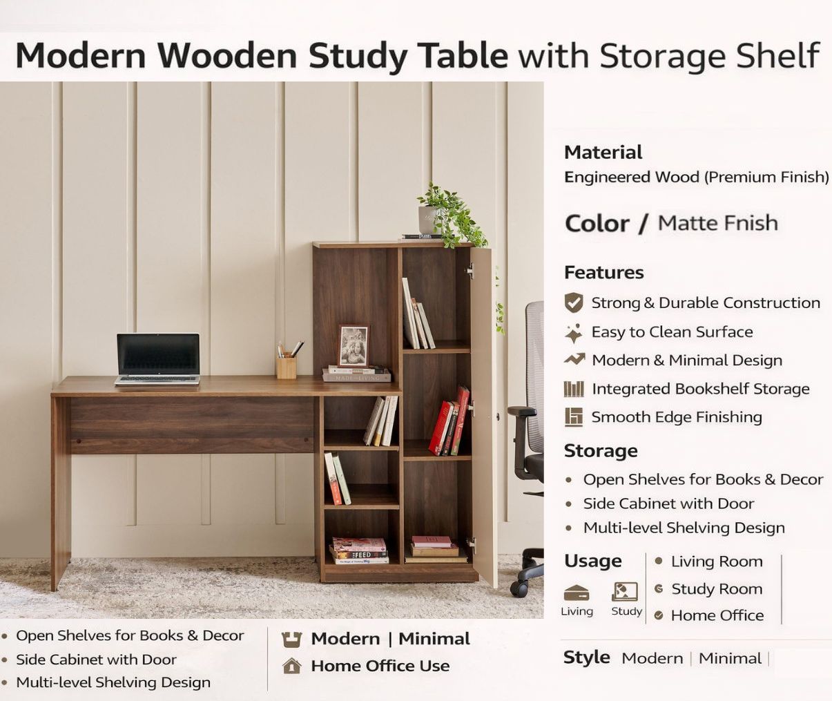 Spydercraft Modern Dyna Study Table with Storage Cabinet – Space-Saving Work Desk in Walnut & White Finish