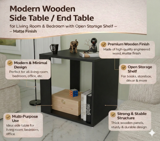 Ren Side Table with Open Shelf Storage – Modern Engineered Wood End Table for Living Room & Bedroom | 45 × 40 × 45 cm| Color: Black