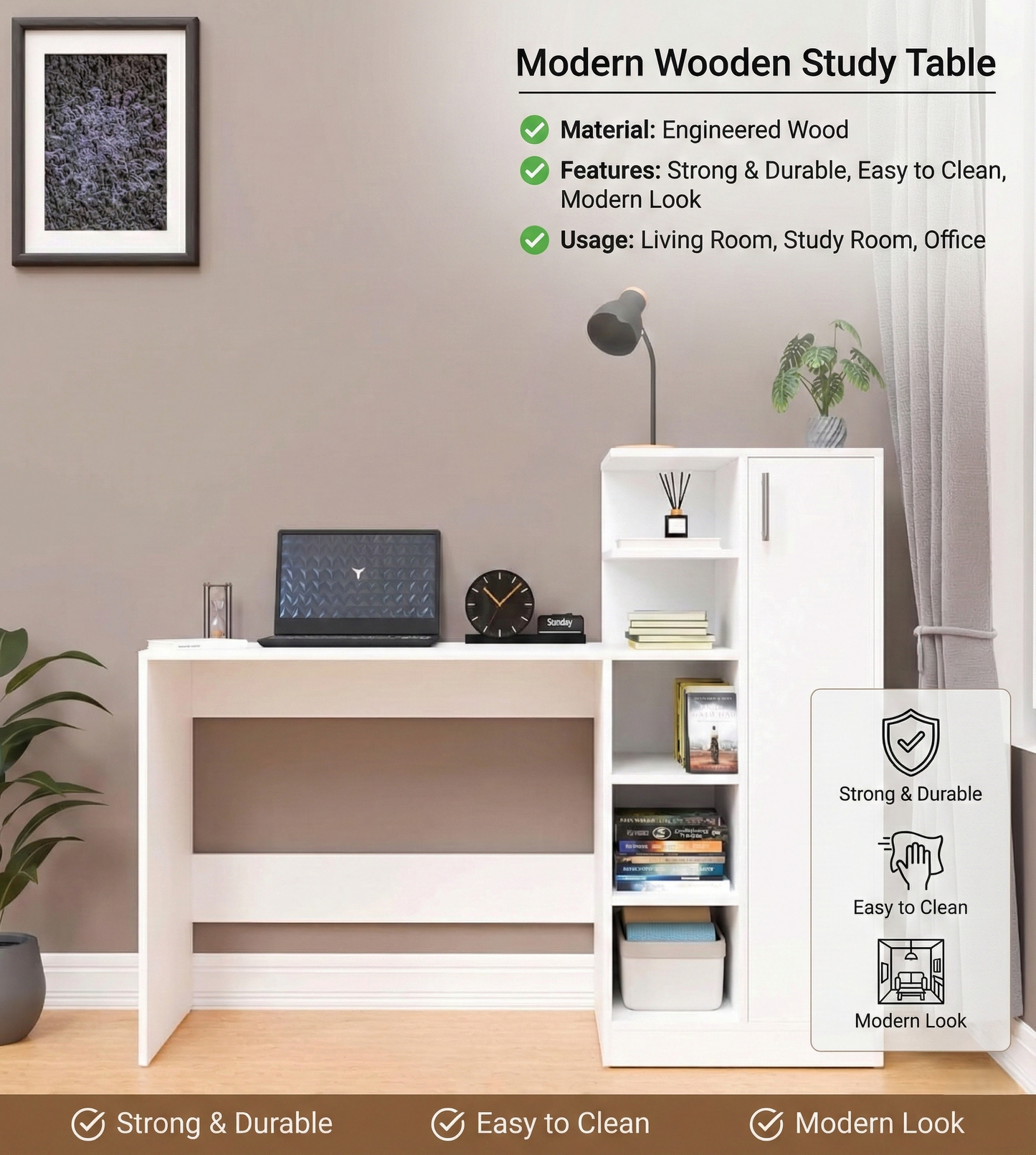Spydercraft White Engineered Wood DYNA Study Table with Storage Cabinet – Modern Multipurpose Desk with Shelves