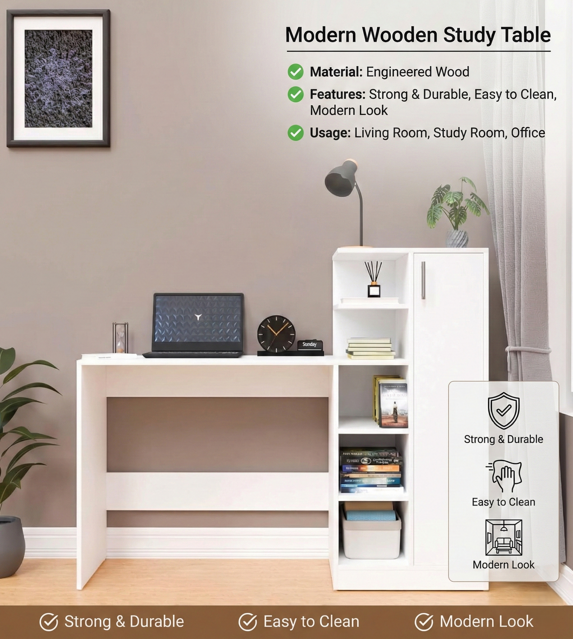 Spydercraft White Engineered Wood DYNA Study Table with Storage Cabinet – Modern Multipurpose Desk with Shelves