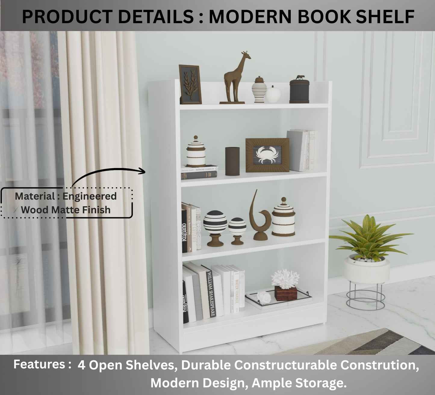 Modern 4-Tier Open Bookshelf – Engineered Wood Storage Rack for Living Room, Study & Bedroom | 91 × 61 × 24 cm| Color: White