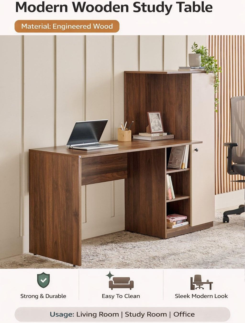 Spydercraft Modern Dyna Study Table with Storage Cabinet – Space-Saving Work Desk in Walnut & White Finish