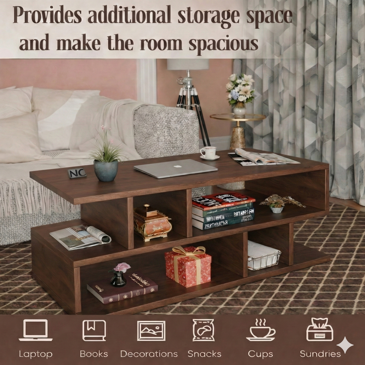 Spydercraft Zig Zag Bedside Table in Columbian Walnut Finish | Modern Wooden Nightstand with Open Shelves | Engineered Wood Side Table