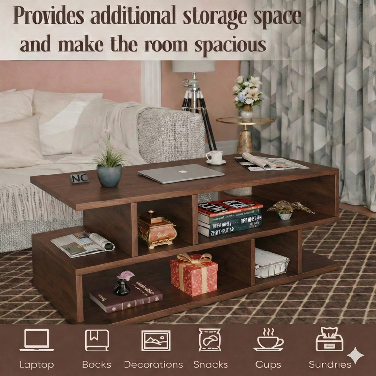 Spydercraft Zig Zag Bedside Table in Columbian Walnut Finish | Modern Wooden Nightstand with Open Shelves | Engineered Wood Side Table