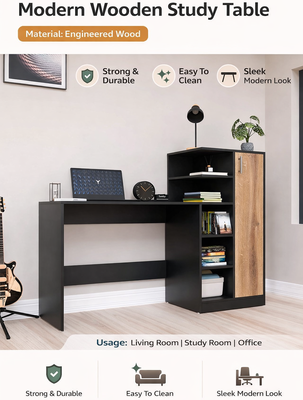 Spydercraft Canyon Oak & Black Engineered Wood DYNA Study Table with Storage Cabinet – Modern Multipurpose Desk with Shelves