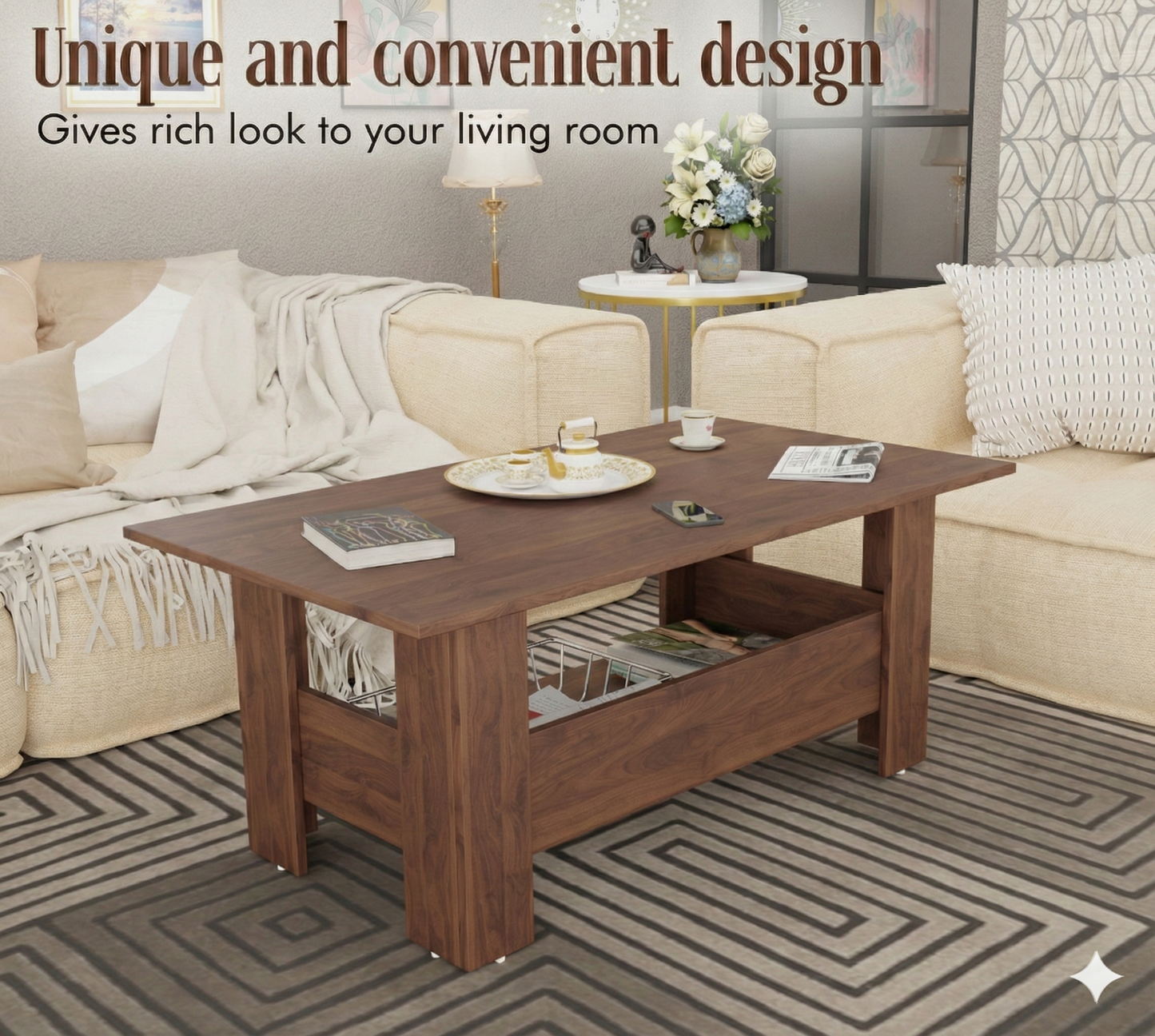 Spyder Craft Gabrial Modern Wooden Coffee Table with Storage| Coffee Table for Living Room Engineered Wood Coffee Table (Modern, Columbian Walnut)