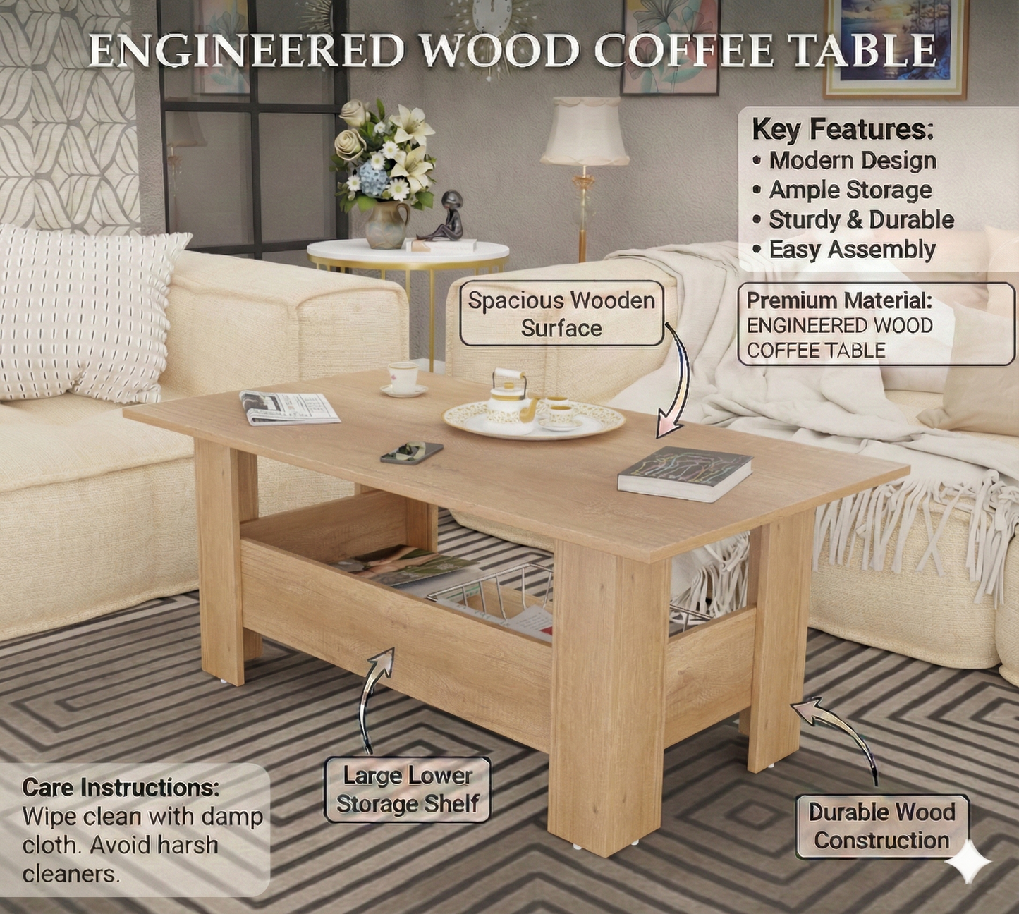 Spyder Craft Gabrial Modern Wooden Coffee Table with Storage| Coffee Table for Living Room Engineered Wood Coffee Table (Modern, Canon Oak)