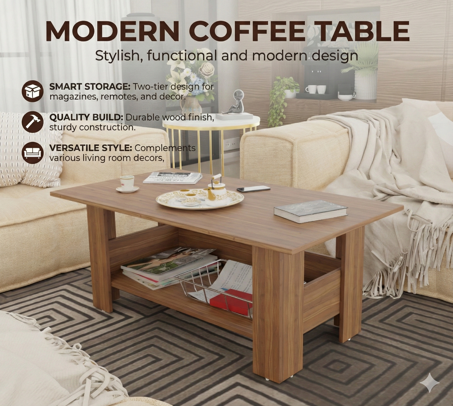 Spyder Craft Gabrial Modern Wooden Coffee Table with Storage| Coffee Table for Living Room Engineered Wood Coffee Table (Modern, Noce Lyon))